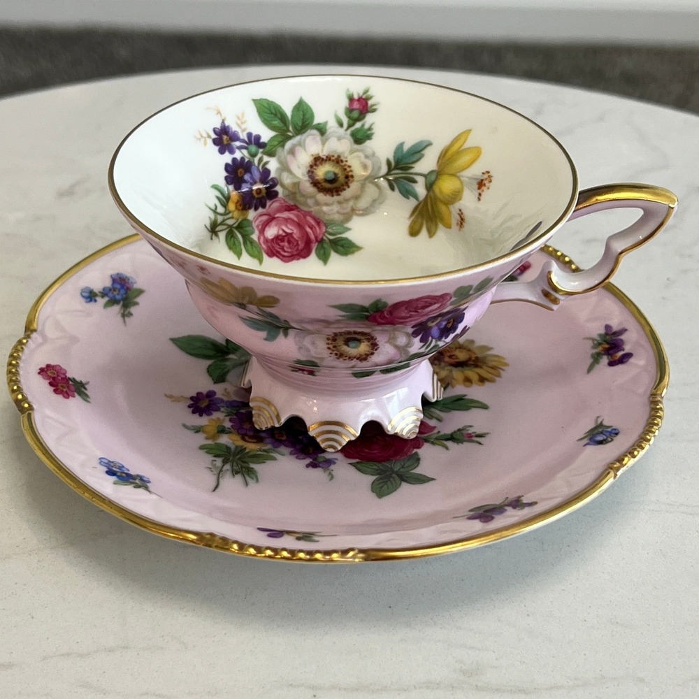 Vtg Mitterteich Bavaria Germany Pink Floral Tea Cup Saucer Gold Trim Shabby Chic